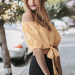 Zara Yellow Gingham Check Front Tie Crop Top XS
